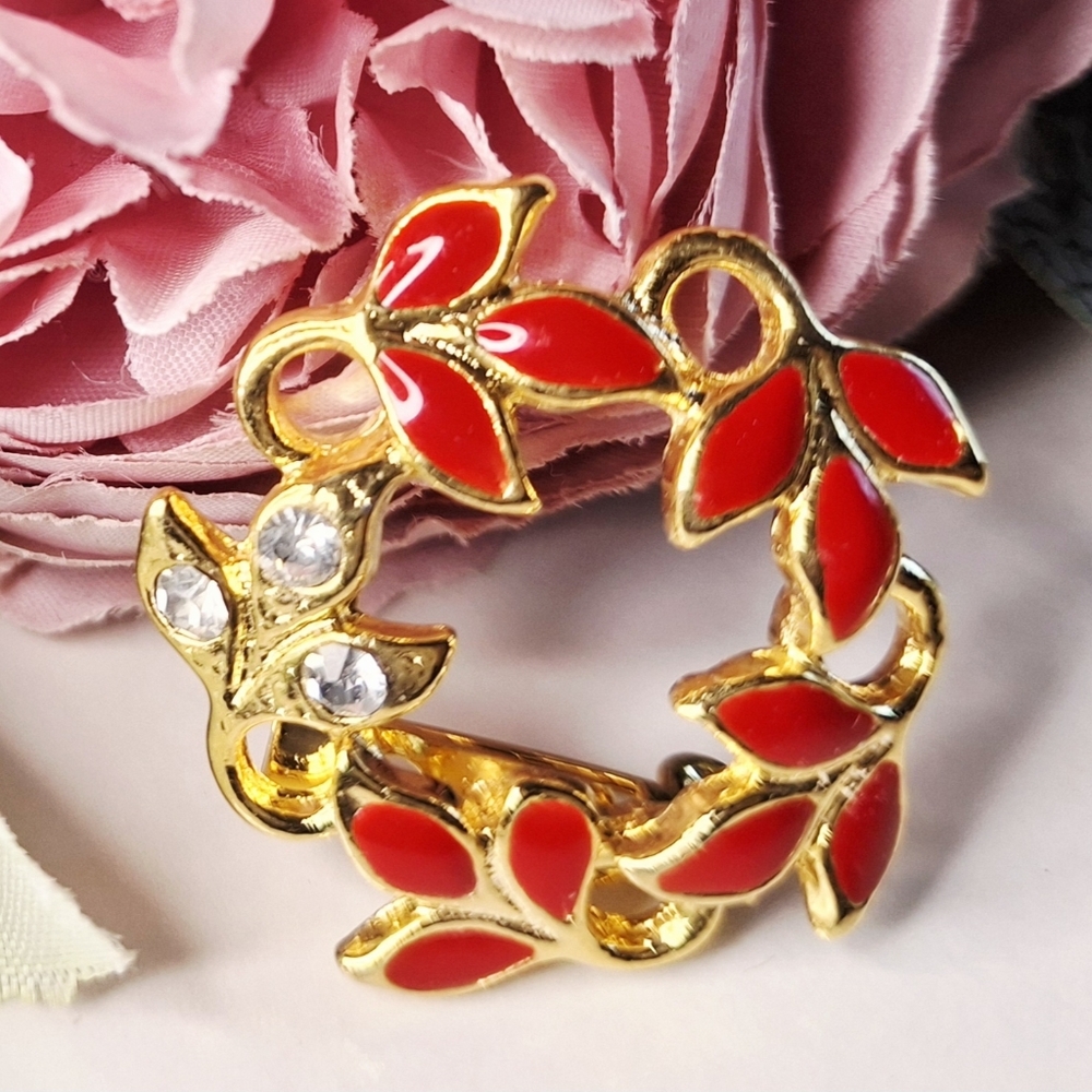 Vintage 80s ❤️✨️🍂Red & Gold Leaf Brooch/Pin